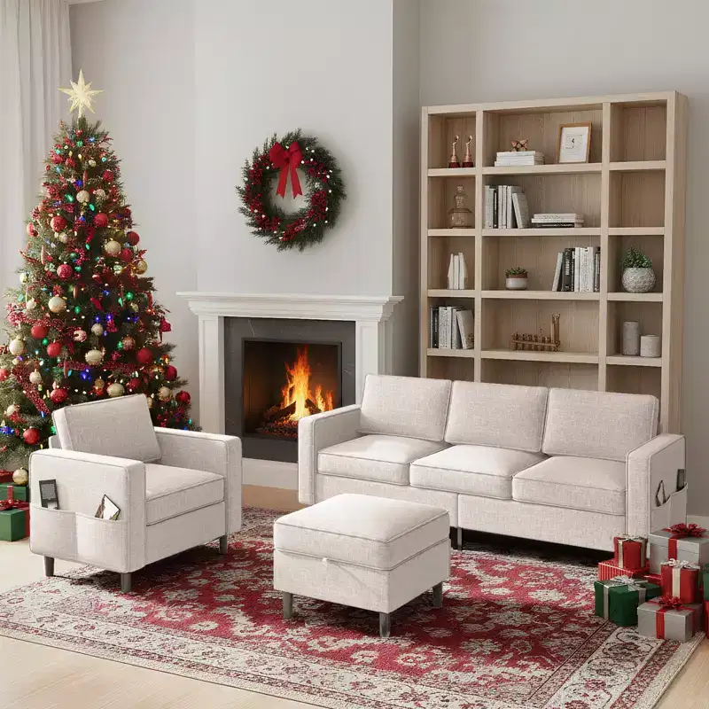 Mjkone Convertible Linen 3-Seater Sofa with Storage Ottoman&Single Sofa Chair with Side Pocket