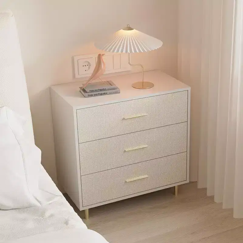 Modern White Chest of Drawers, 8 Drawer Dresser with Gold Handles and Legs, Wooden Nightstand with Linen-Textured Surface