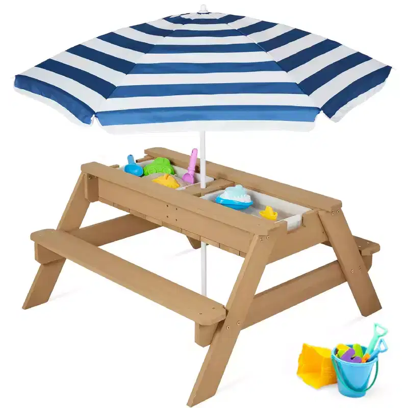 Kids 3-in-1 Outdoor Sand and Water Activity Picnic Table with Umbrella