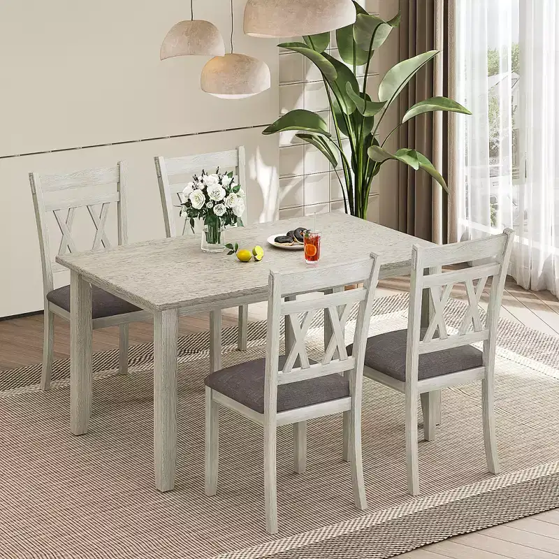 VECELO Farmhouse Style Dining Table Set, Rubber Wood Table with 4/6 Upholstered Dining Chairs, Gray