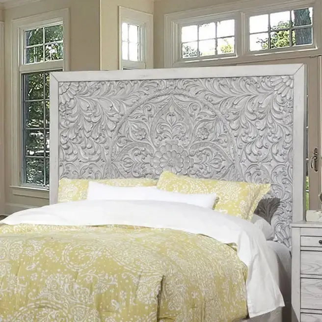 Carved Floral Panel Headboard – Weathered Light Gray, Mahogany & Okume Veneer, Queen / California King