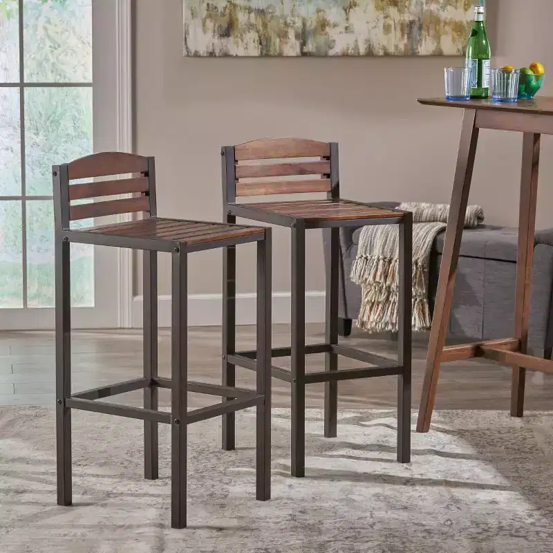 Set of 2 Acacia Wood Bar Height Barstools Dark Brown Low Back
