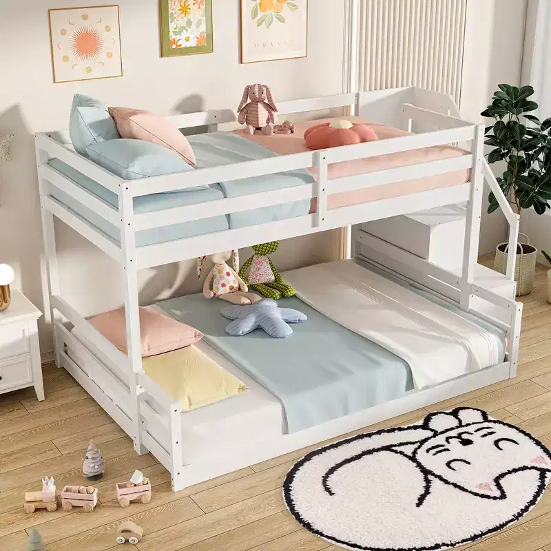 Costway Twin Over Full Low Bunk Bed w/ Storage Stairs w/ Full-length Guardrails