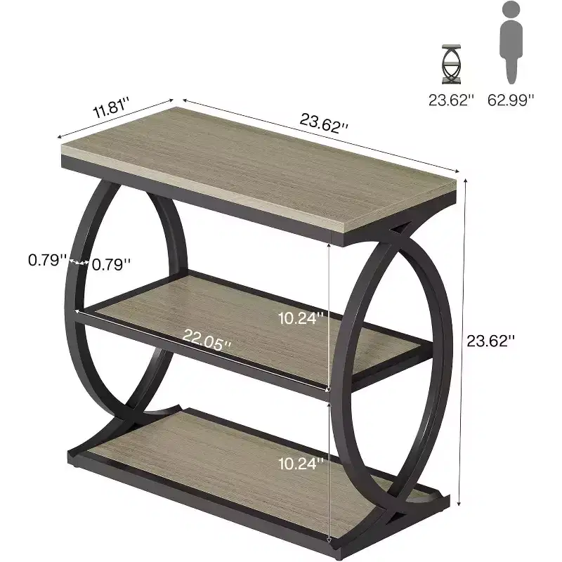 Lantine End Table, Narrow 3-Tier End Table for Living Room, Industrial Wooden Side Table with Metal Frame for Bedroom, Small Spaces, Grey