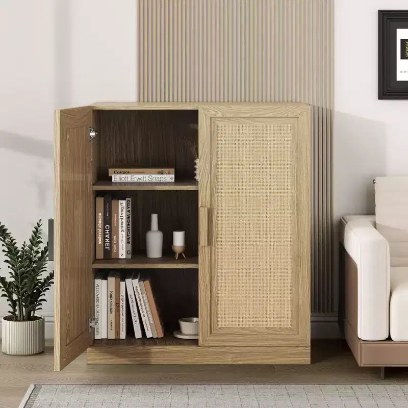 PexFix 36x31x16 Rattan Wood Accent Cabinet with Adjustable Shelf Storage Cabinet Natural