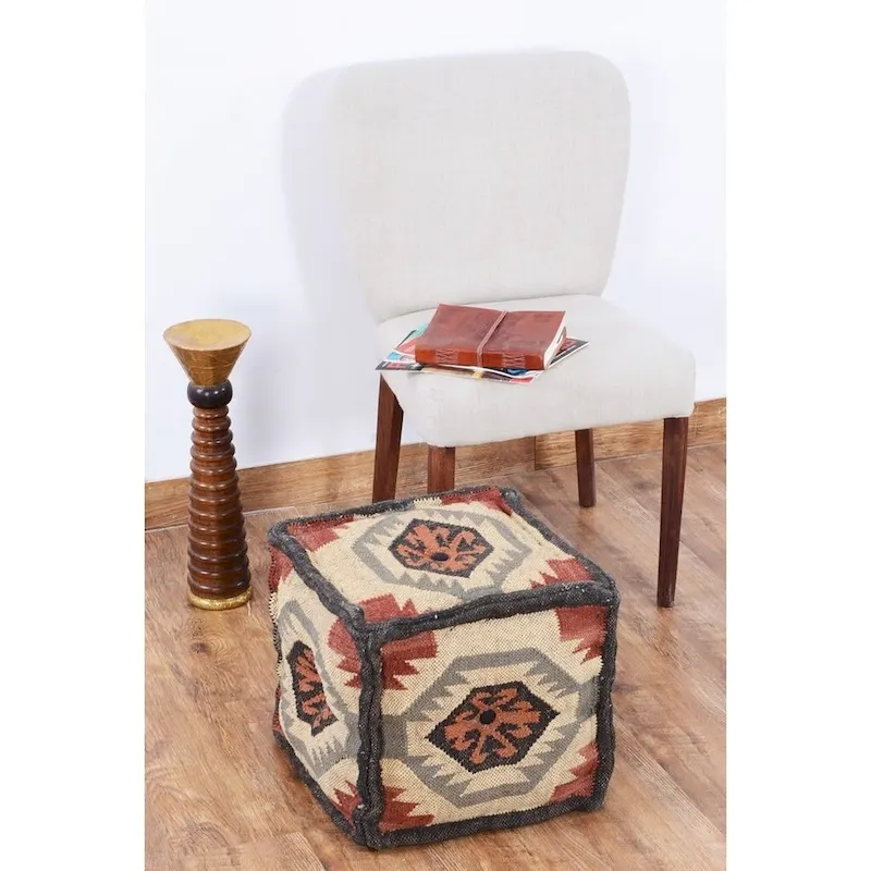 Handmade Indo Wool and Jute Pouf - 16 x 16 x 16