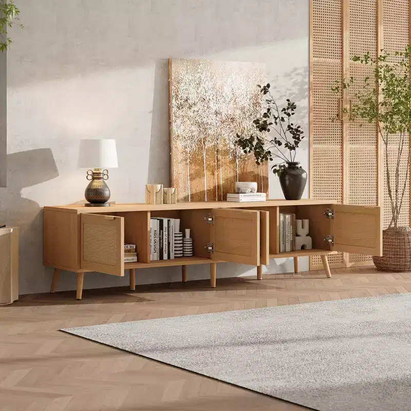 GDFStudio Primo 70 Boho TV Stand for 80 TVs, with Rattan Doors & Cable Hole