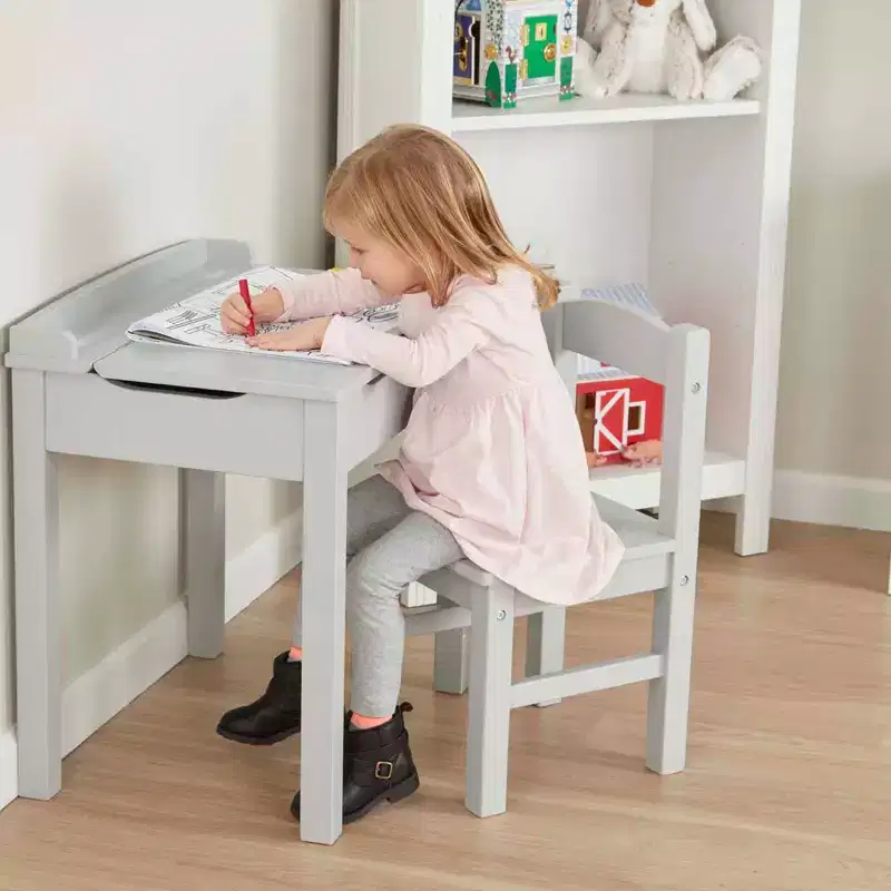 Melissa & Doug Kids Furniture Wooden Lift-Top Desk & Chair - Gray: Enclosed Storage, Wooden Frame