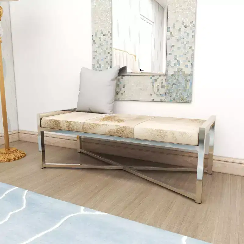 Contemporary Stainless Steel Rectangular Cowhide Bench - Olivia & May