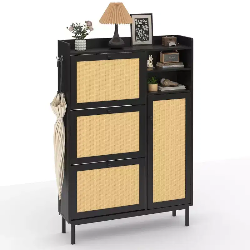 Freestanding Rattan Shoe Cabinet with 3 Flip Drawers & 5 Shelves, Space-Saving Shoe Storage Organizer for Entryway or Hall