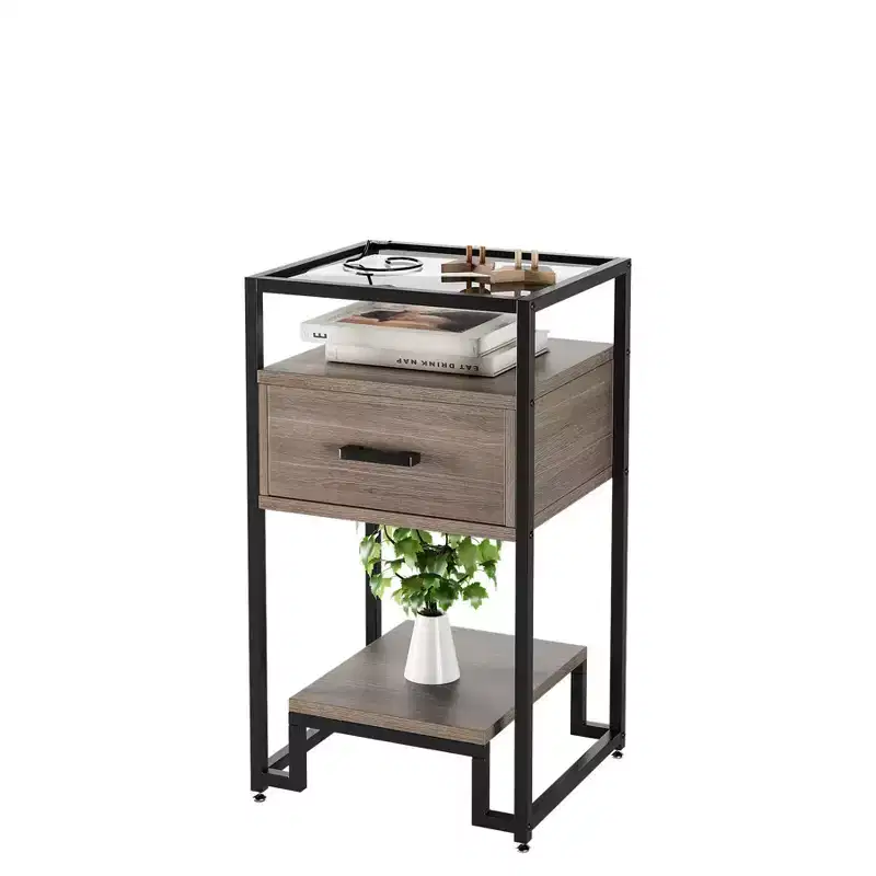 Nightstand with Storage Drawer and 3-Tier Shelving, Small End Table