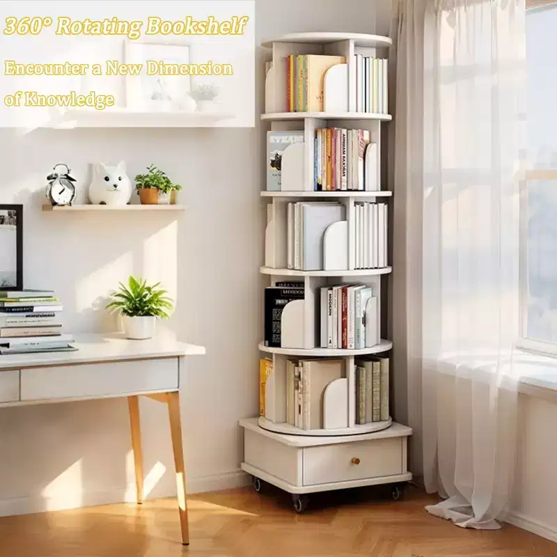 6 Tier 360 Rotating Bookshelf, 18.1118.1168.11 Warm White Round Spinning Tower, Sturdy MDF Structure, Multi-Scene Use in Bedroom, Living Room