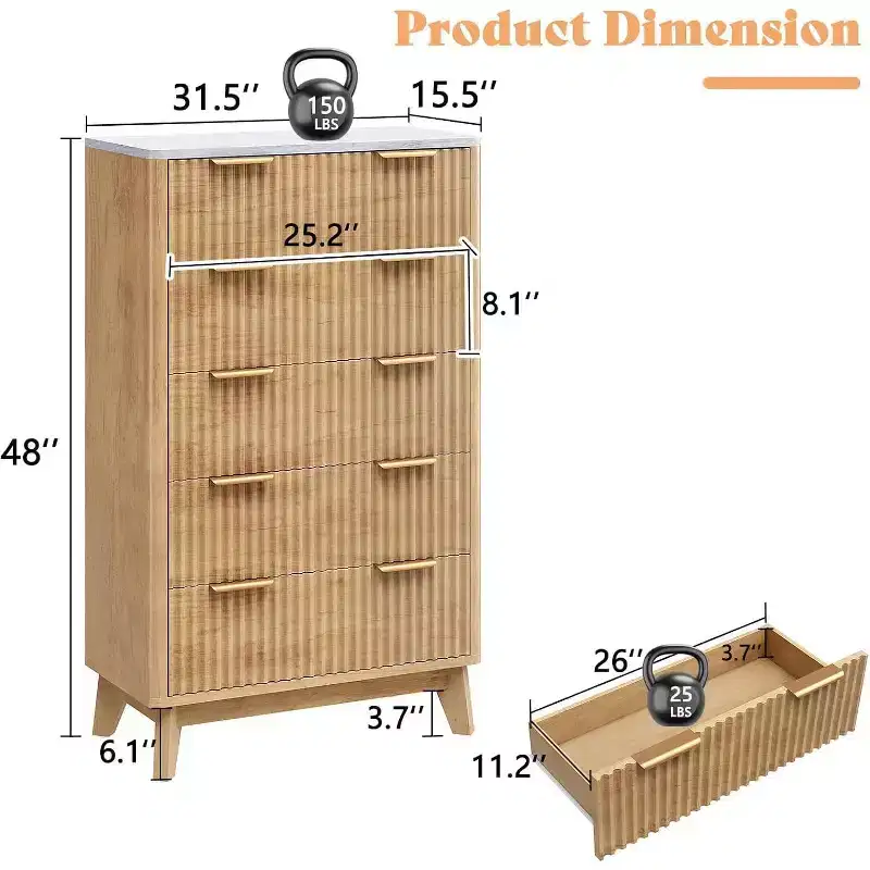 Fluted Drawer Dresser with Faux Marble Top, Wide Chest for Bedroom & Hallway