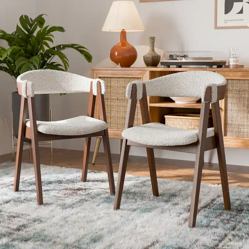 Mid-Century Boucle Wood Dining Chairs (Set of 2)