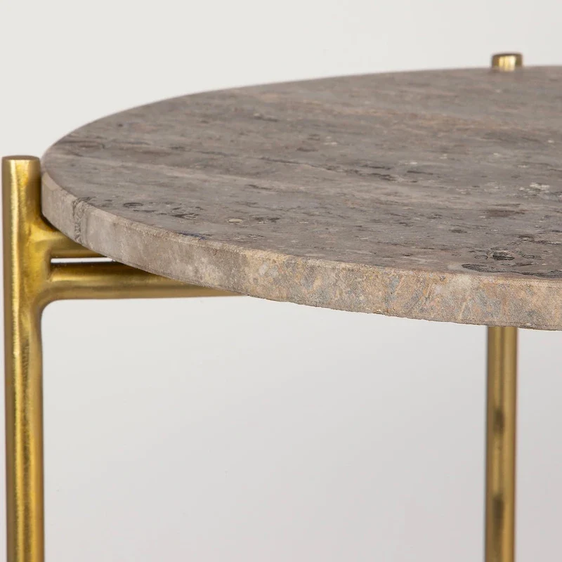 Gold Iron and Travertine Marble Top Accent Side Table