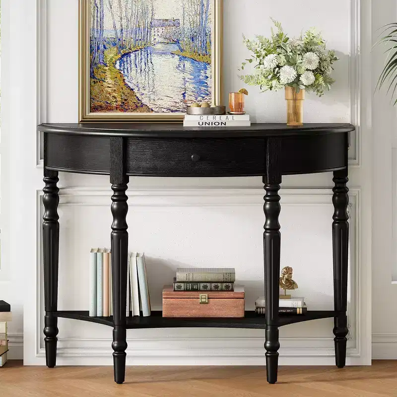 Whisen Farmhouse Half Moon Console Table, Rustic Accent Table, Sofa Table for Entryway with Drawer & Shelf