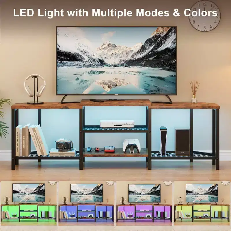 LED TV Stand for TVs Up to 75 Inch, 67 Inch Entertainment Center with Power Outlets, Open Storage Shelves, TV Console Table