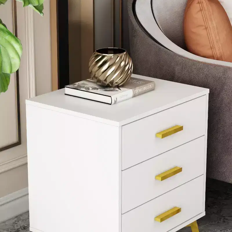 White Nightstand with 3 Drawers and Golden Accents