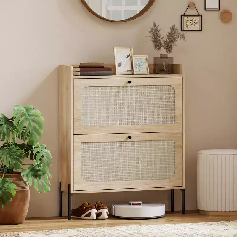 Boho Narrow Shoe Cabinet with 2 Flip Drawers, Rattan Accent & Adjustable Shelves, Oak, Holds 12-16 Pairs