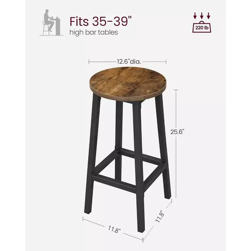 VASAGLE 2 Pack Bar Stools, Bar Chairs, Steel Frame, 25.6 Inch Tall, for Kitchen Dining, Easy Assembly, Industrial Design, Rustic Brown and Black