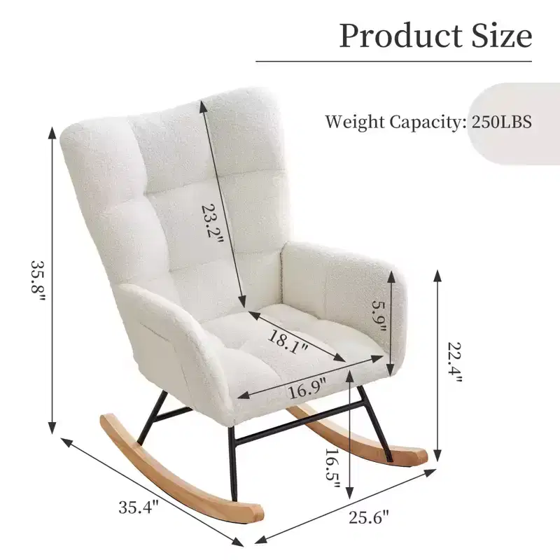 Rocking Chair Nursery High Backrest, Armrest and Side Pockets, Modern Comfy Accent Armchair Reading Chair for Bedroom, Living Room