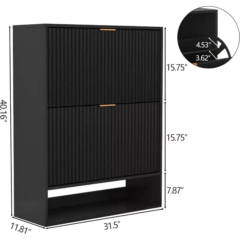Slim Freestanding Shoe Cabinet for Entryway with 2 Flip Drawers & Open Bottom Shelf, Narrow Fluted Shoe Storage Organizer with Removable Side Hooks