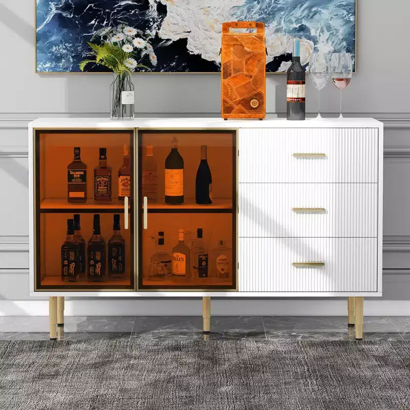 Modern Sideboard, Buffet Storage Cabinet with Amber-yellow Tempered Glass Doors and Gold Metal Legs & Handles-ModernLuxe