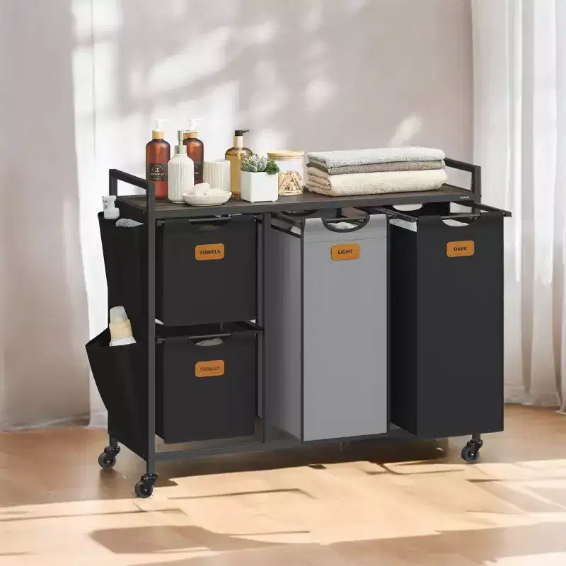 LEDREM Chestnut Brown, Ink Black and Dove Gray 39.6 Gal. (150 L) 4 - Compartment Laundry Hamper. A rolling laundry cart with shelves and 6 labels.