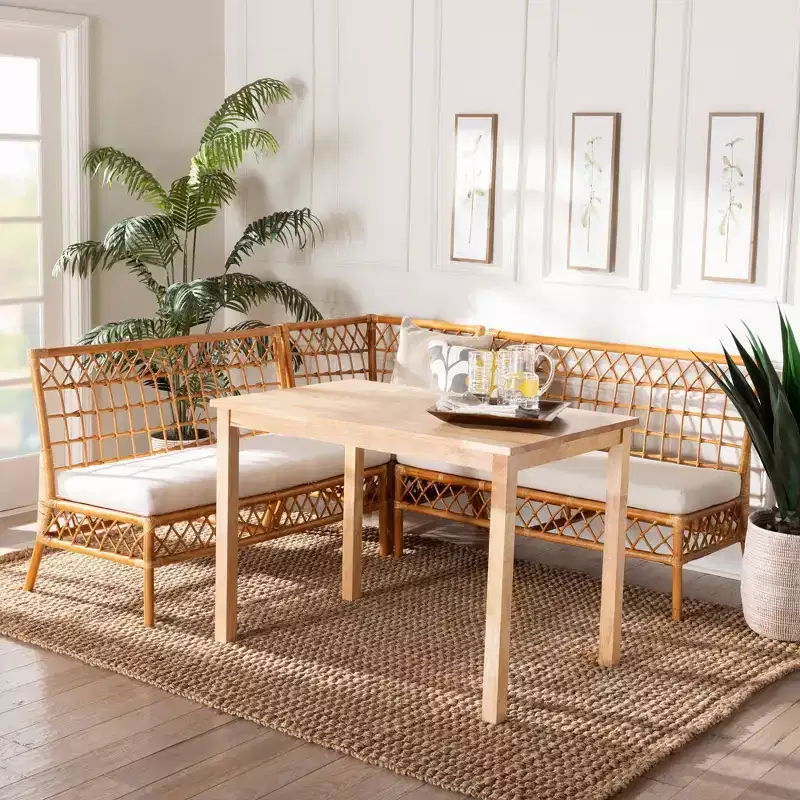 bali & pari 4pc Aina Rattan Dining Nook Set White/Light Honey/Oak Brown: Bohemian Style, Padded Seat, Rubberwood Frame