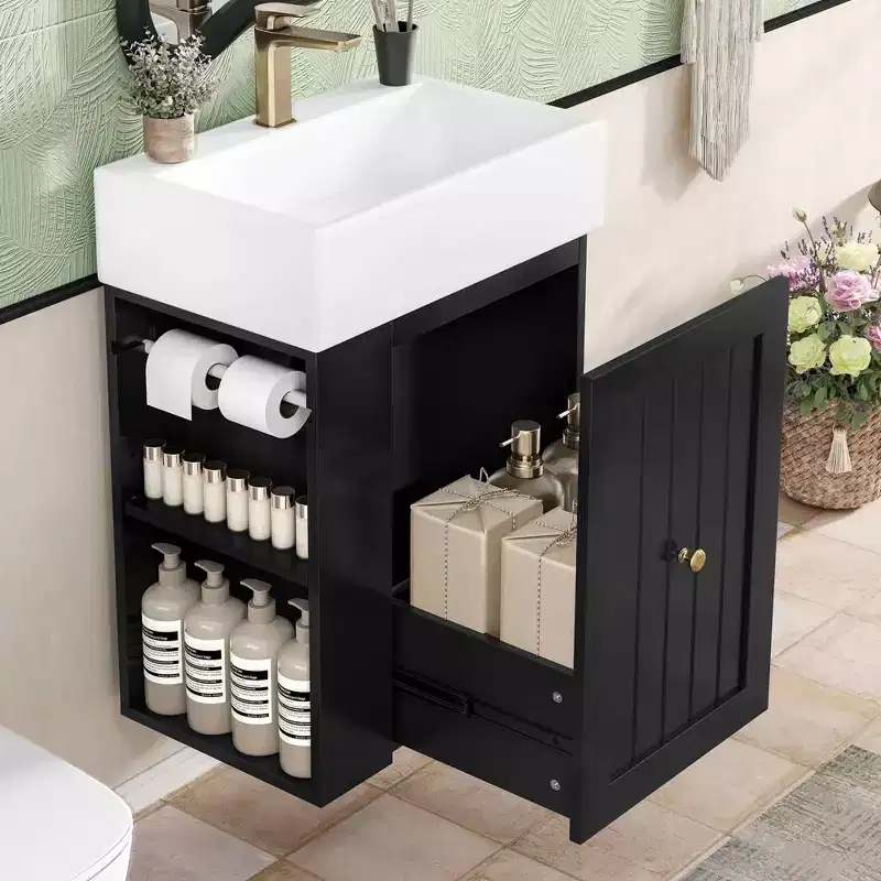 Bathroom Vanity with Ceramic Sink, MDF Storage Drawer, Side Shelf & Golden Handle