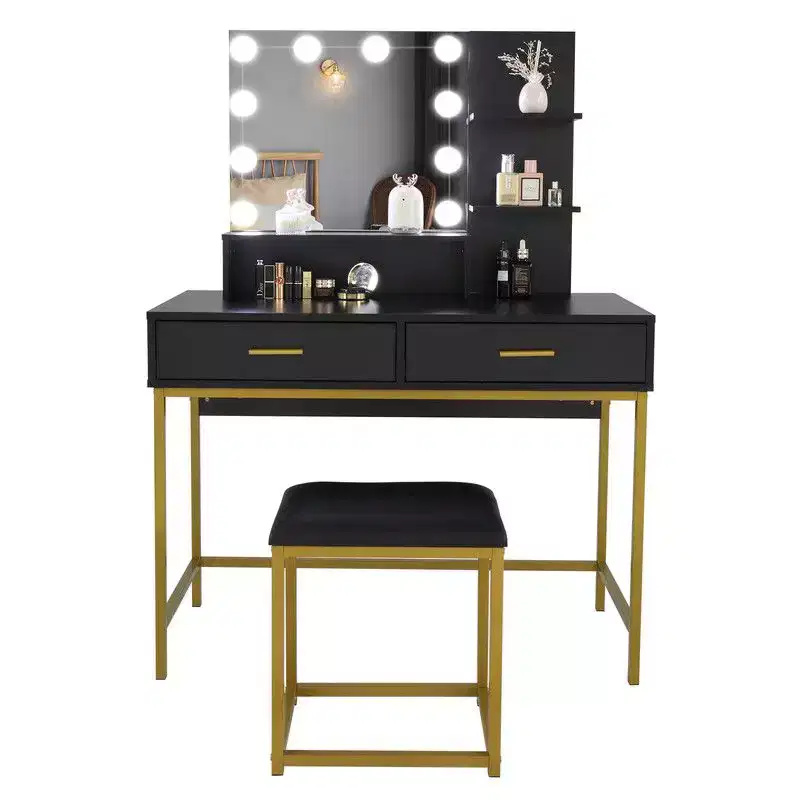 Black Particle Board Steel Shelf Two Drawers Three Shelves Three Tone Light Luxury Style Dressing Table Set