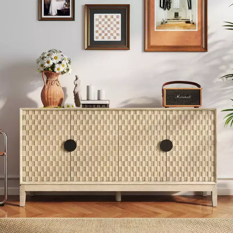 63 Buffet Cabinet with Storage, Distressed Storage Cabinet with 4 Carved Doors and Adjustable Shelf, Yellow