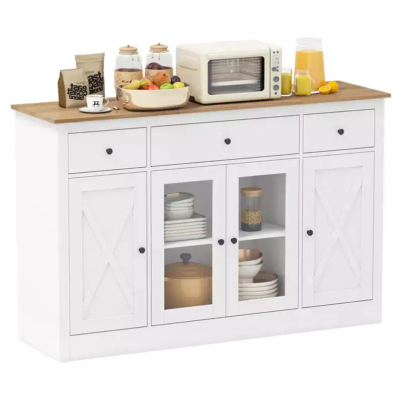 Costway 55 Large Buffet Sideboard w/ 3 Drawers 2 See-through Doors Adjustable Shelves
