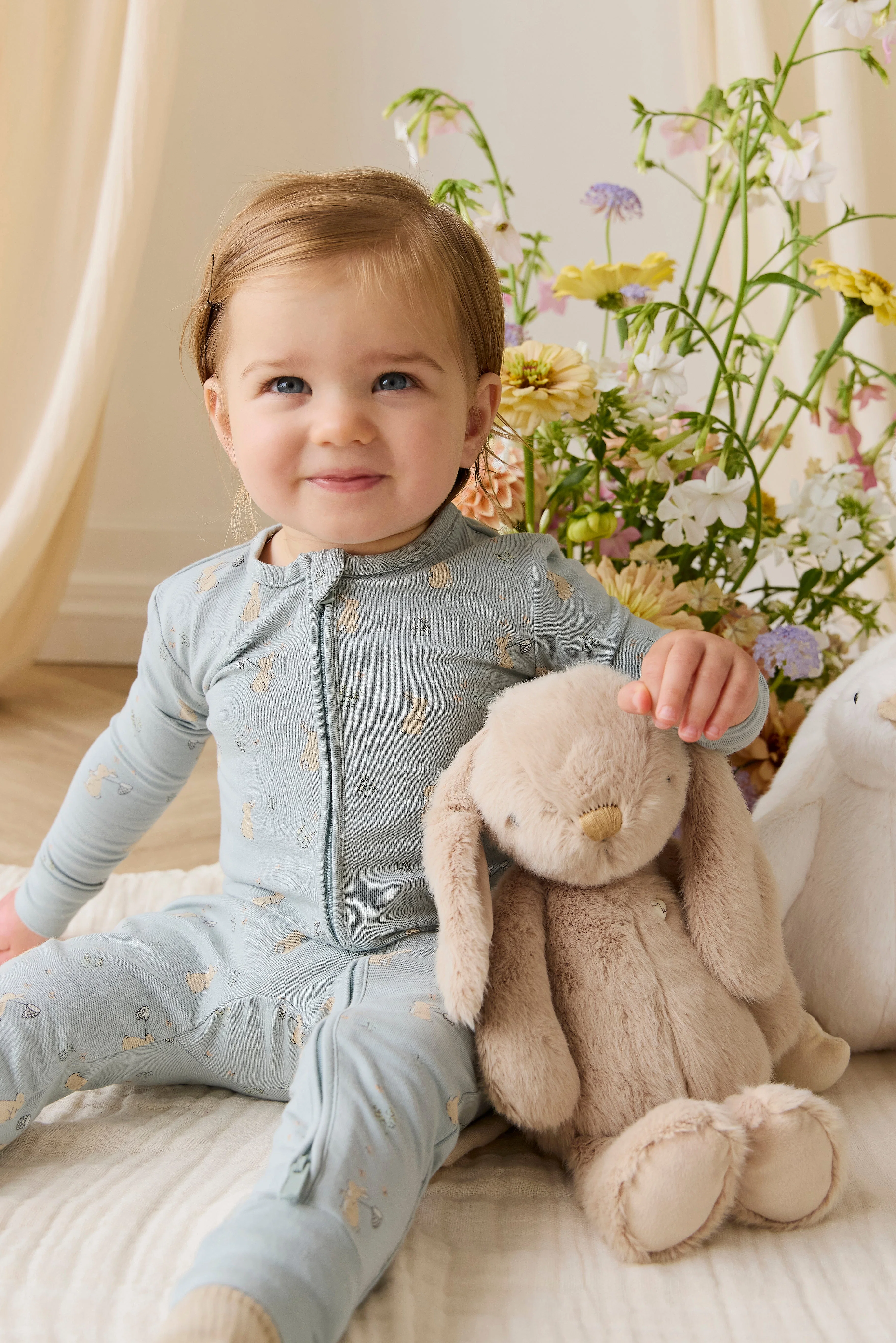 Dreamy Blue Bunny Garden Print Organic Cotton Onepiece with Front Zip Gentle Stretch for Babies 0M–3Y