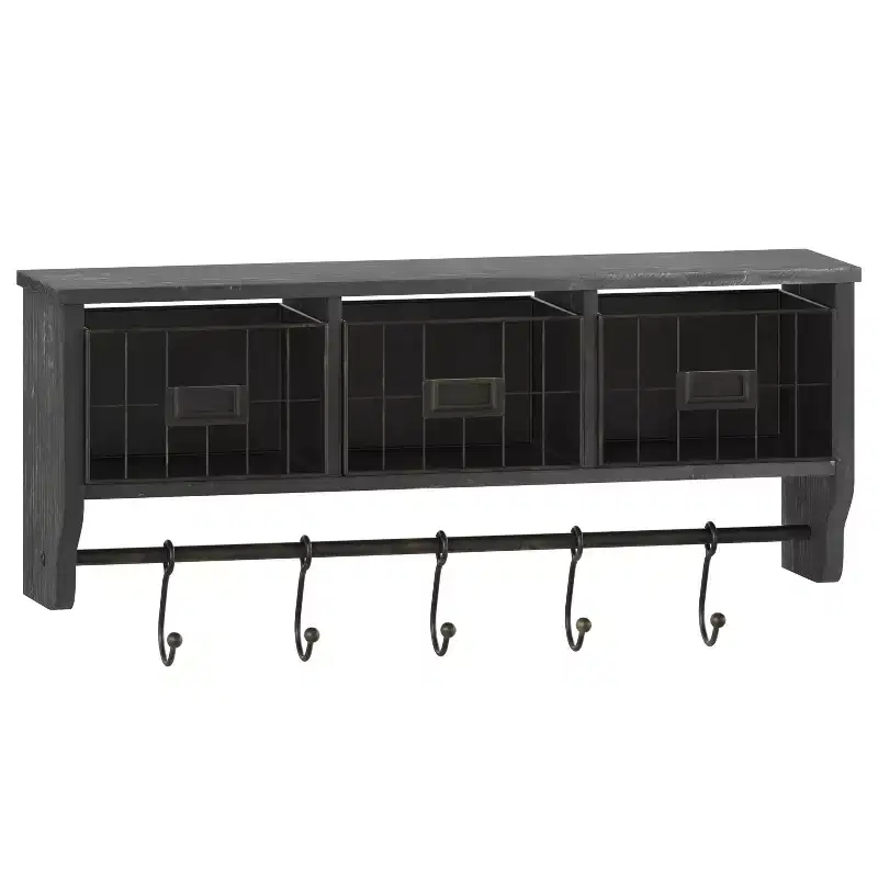 Wall Mount 24 Inch Solid Pine Wood Storage Rack with Upper Shelf, 5 Hooks, and Wire Baskets for Living Room, Kitchen, or Entryway