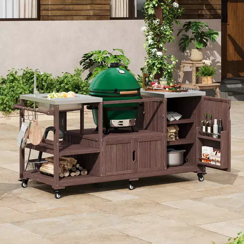 Outdoor Kitchen Island with Sink, Solid Wood Outdoor Grill Cart for XL Green Egg Grills, Rolling Outdoor Bar Cart with Stainless Steel Top
