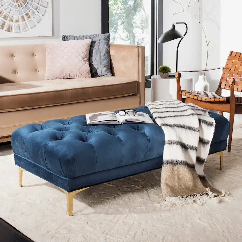 Grey / Navy Velvet Tufted Rectangular Bench with Brass Legs for 1–2 Person
