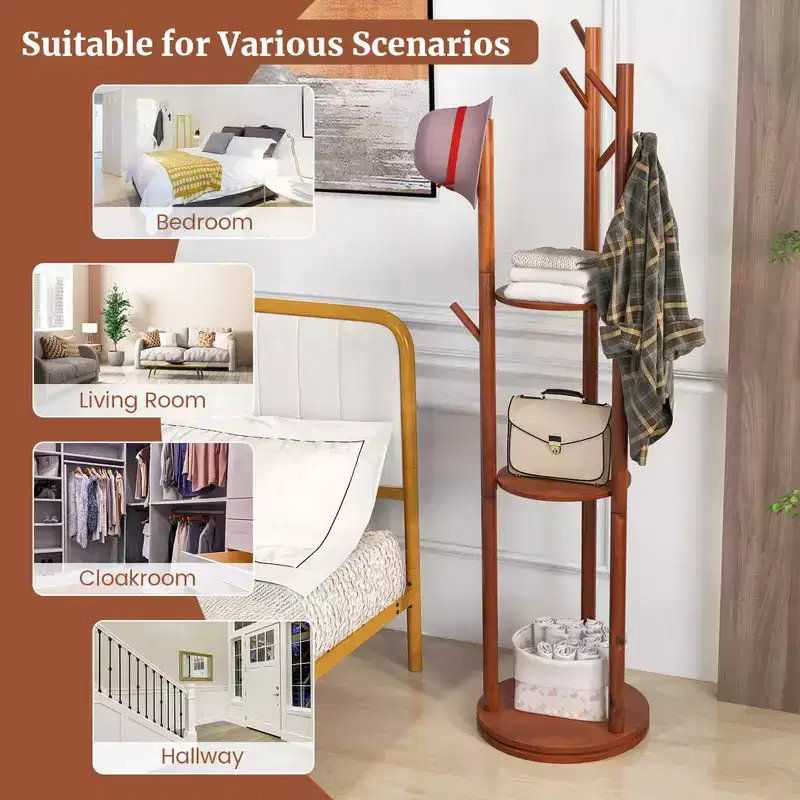 Freestanding 360° Rotary Wooden Coat Rack with 3 Shelves & 9 Hooks