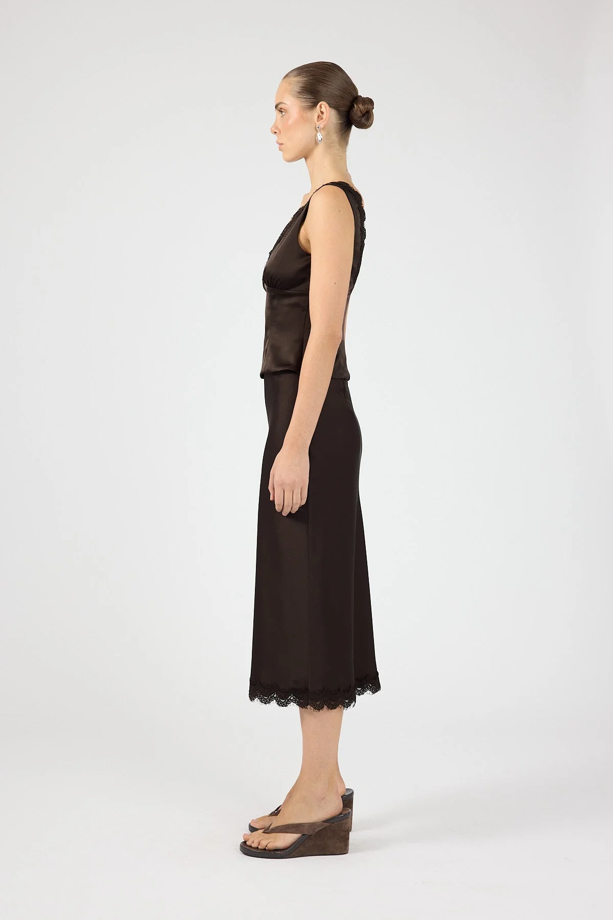 Satin Lace Midi Skirt Brown