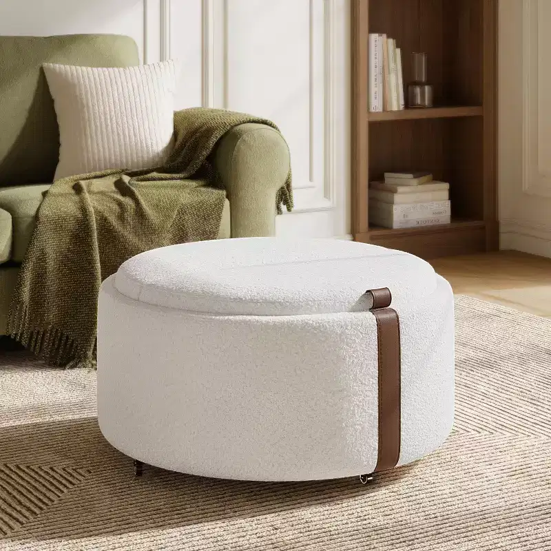 29 Round Storage Ottoman with Caster Wheels, Dual Reversible Lids, Upholstered Modern Coffee Table for Living Room