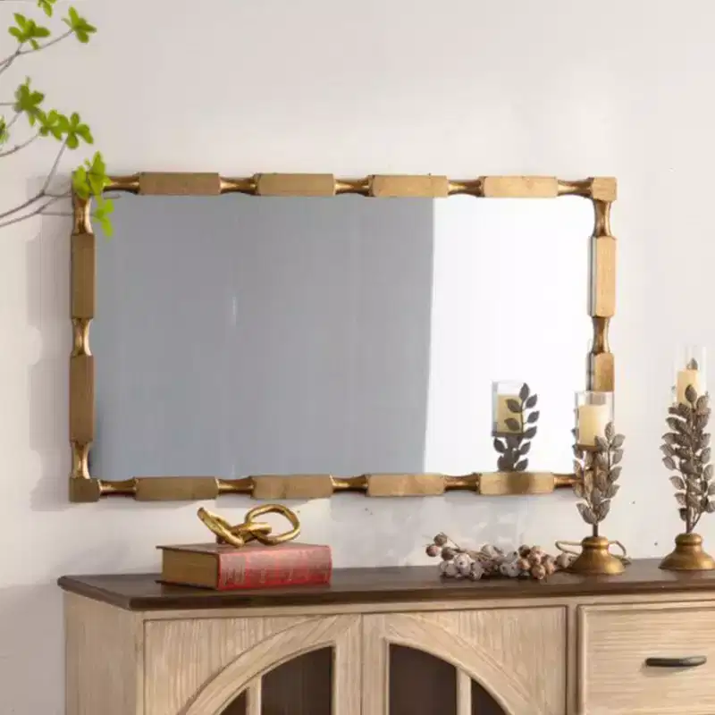 Gold Bamboo-Style Rectangular Wall Mirror with Textured Frame for Home Decor