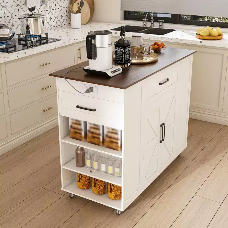 Okak Kitchen Island with Storage and Power Outlet, Kitchen Cart with Wood Top and Adjustable Shelf, Kitchen Island Table for Dining Room, White+Walnut