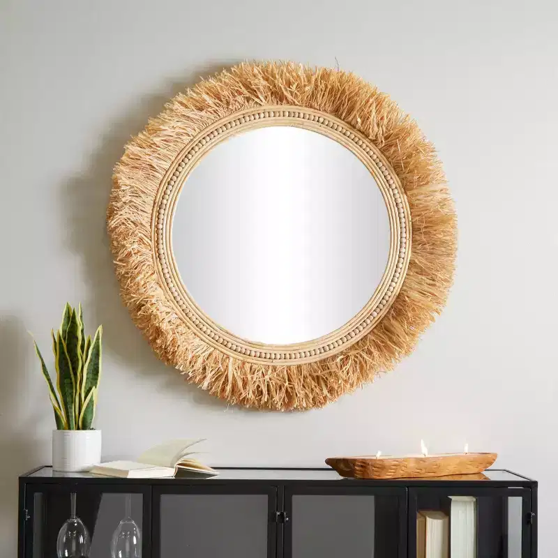 Olivia & May 35"X35" Seagrass Room Wall Mirror with Fringe Detailing Light Brown