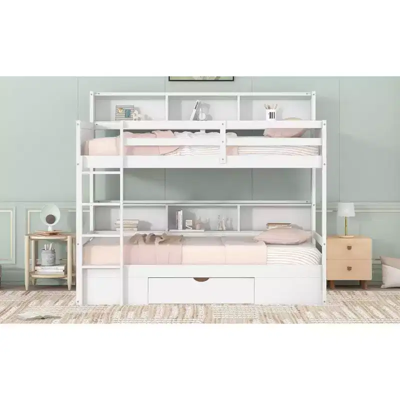 Okak Twin Size Multifunction Bunk Bed with Built-in Shelves Loft Bed with Storage Drawer Solid Wood for Kids Teens, Easy Assemble