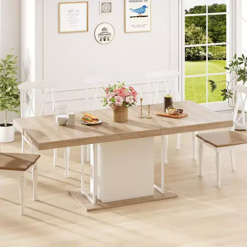 Zevemomo 63-78.7 Expandable Farmhouse Table, 6-10 Seater Wooden Dining Table with Metal Track & Central Base, Oak Finish for Living Room & Home