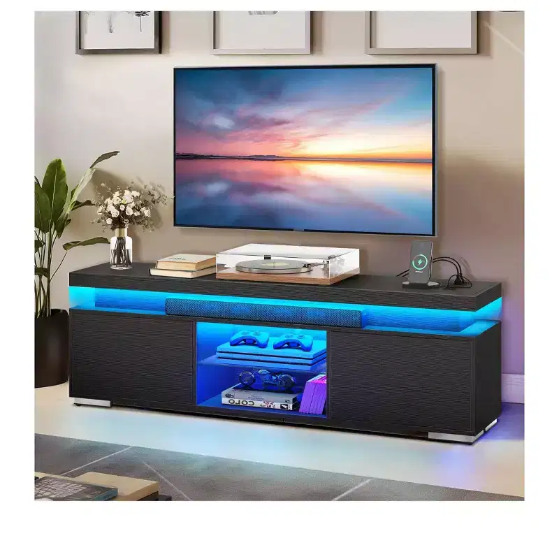 Modern TV Stand With Charging Station & LED Lights For 55/60/65 Inch TV Entertainment Center Media Console Living Room