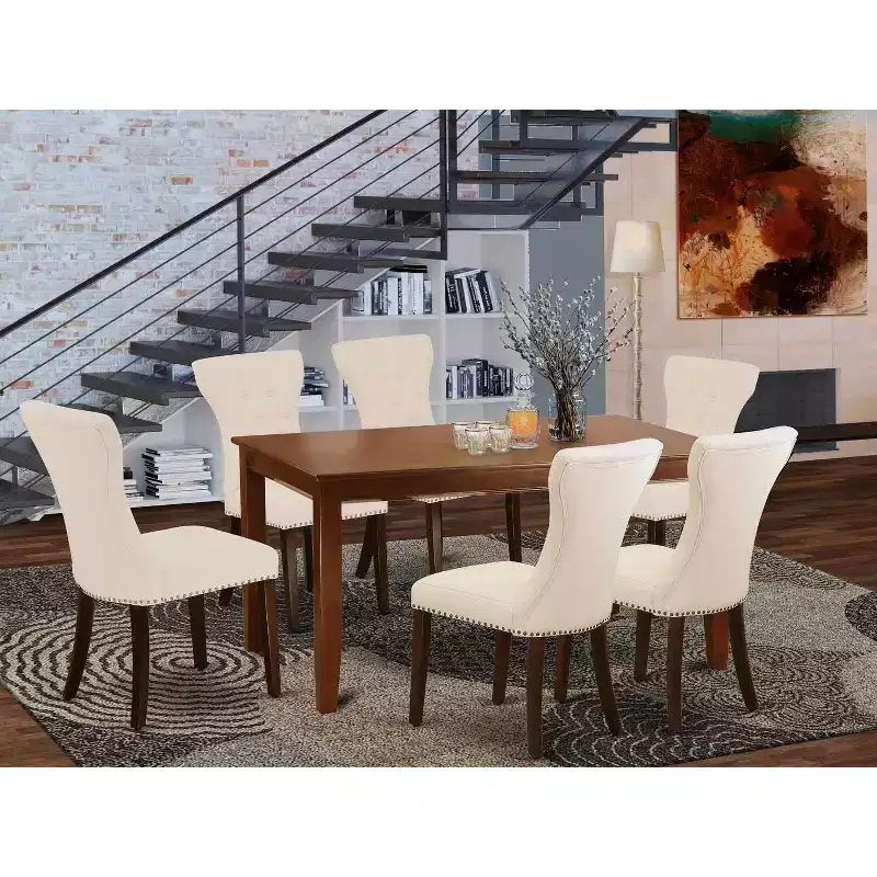 HomeStock 7-Piece Mahogany Finish Solid Wood Top Dining Table with 6 Parson Chairs
