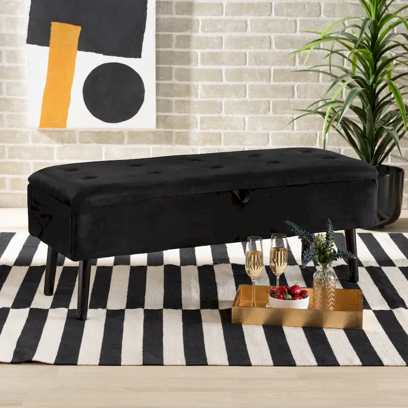 Velvet Button-Tufted Storage Bench, Grey/Green/Navy/Black & Dark Brown, Seats 1