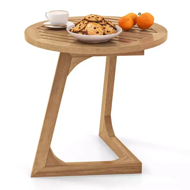 Costway 1/2 PCS Teak Wood Side Table Round Sofa End Table with Slatted Tabletop Nightstand