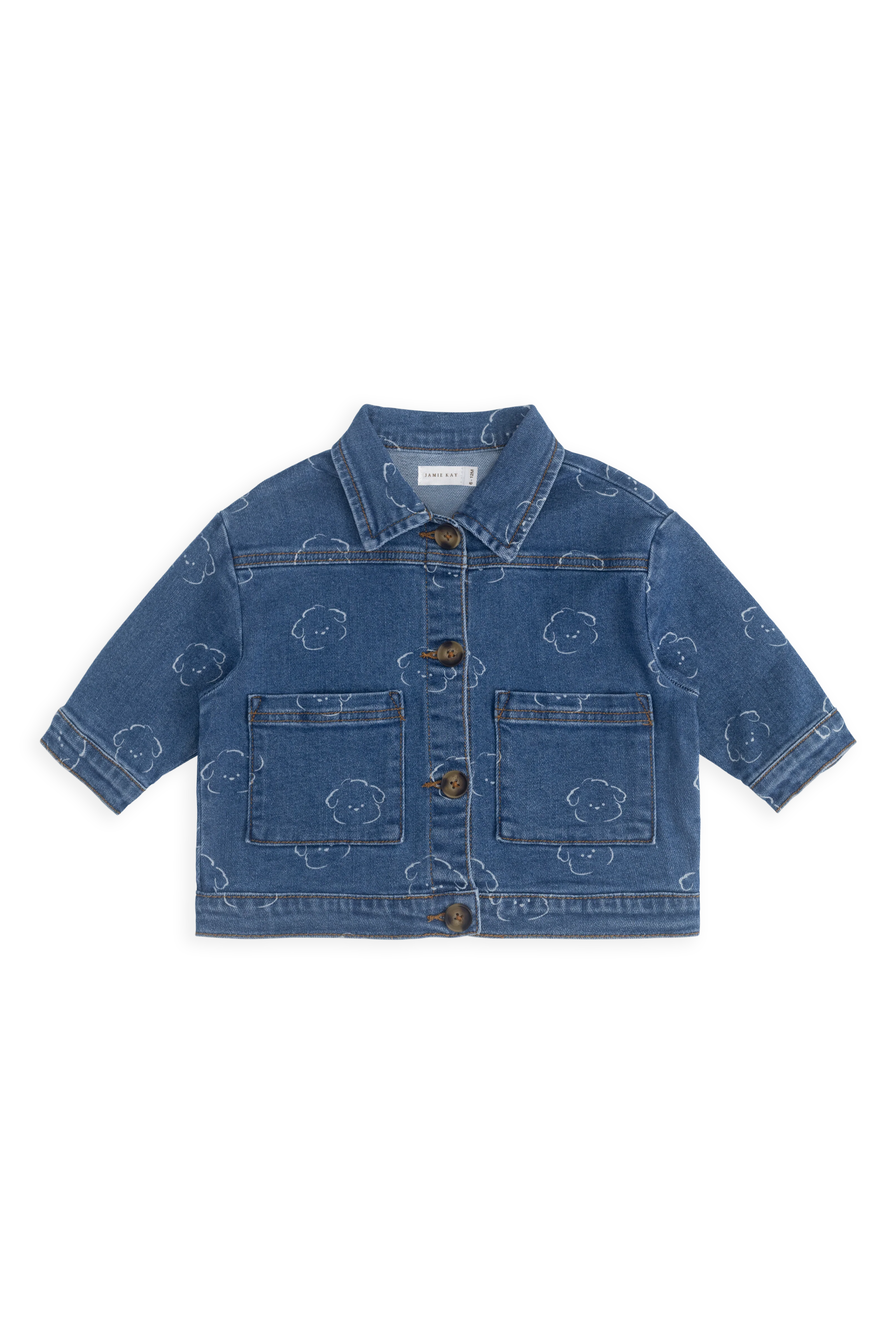 Casual Mid Blue Denim Bear-Print Cotton Jacket with Button Front & Patch Pockets for Kids 6M–8Y